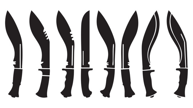 Black vector icon set of kukri knives, distinctive inward-curved blade designs, multiple kukri variations, side view and angled view icons, solid black silhouettes only