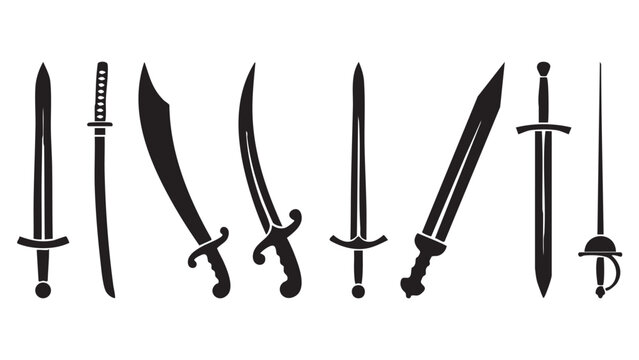 Black vector icon set of swords, multiple unique sword designs and variations, shown from different angles including side view, top view, and angled view, solid black silhouettes only