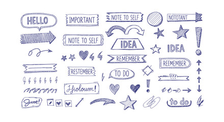 Hand drawn blue sketch elements with speech bubbles and icons on white background