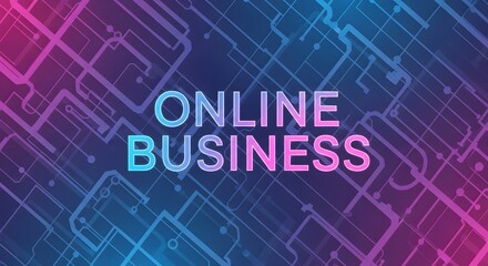 Obraz premium A vibrant online business concept illustration featuring mobile devices and circuitry in a futuristic landscape viewed from a slight angle with neon lights and digital connectivity.