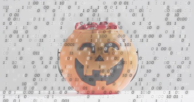 Binary bits drifting over orange pumpkin candy bucket intensifying digital rain hiding outline