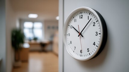 Naklejka premium Modern Office Wall Clock Displaying Time in Bright Workspace with Blurred Background