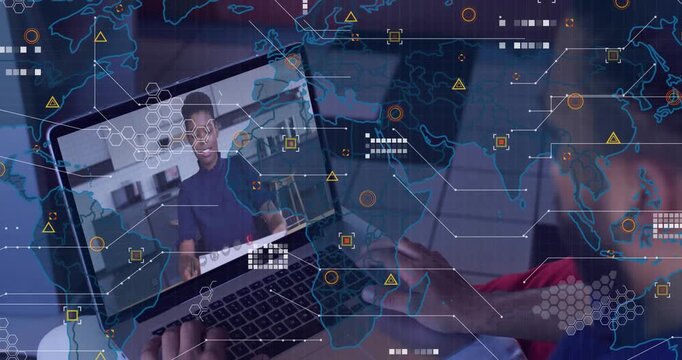 Man using laptop moving pad typing adding world map overlay obscuring remote woman during tech call