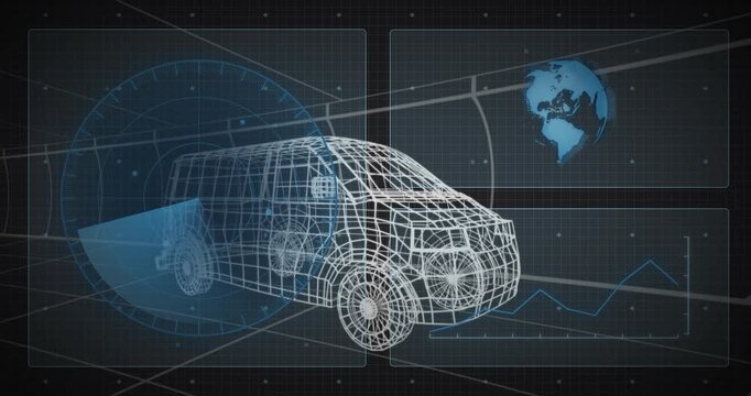 Radar gauge emitting blue wedge triggers wireframe van scanning while HUD updating diagnostics