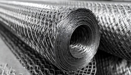 Close-up of a Roll of Industrial Metal Mesh Wire Fencing Material.