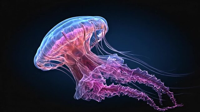 A luminescent jellyfish floats in a dark ocean, exhibiting a range of vibrant colors and elegant tendrils