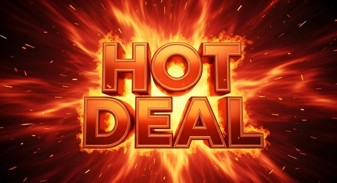 Vibrant hot deal advertisement exploding with fiery sparks and intense flames, conveying a sense of urgency and excitement, surrounded by dynamic energy