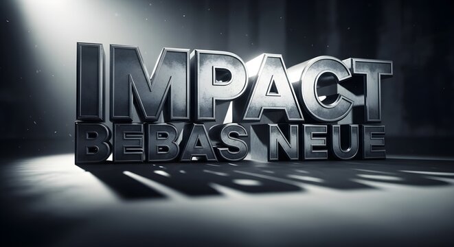A dramatic 3D rendering of 'IMPACT' and 'BEBAS NEUE' font on a dark reflective surface illuminated by a spotlight from above at an angle, creating a striking visual effect.