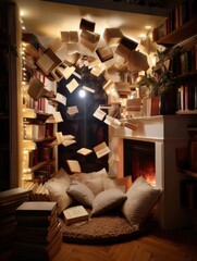 Fototapeta premium Cozy reading nook with floating books and pillows near warm fireplace