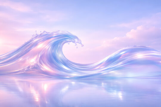 A serene wave crashes on a pastel colored beach at sunset with soft pink and blue hues