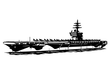 Side profile aircraft carrier showing long flight deck and island tower