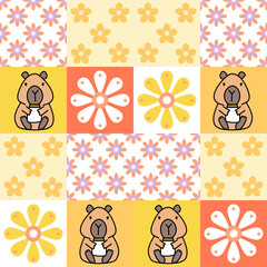 Cute Capybara and Flower Patchwork Seamless Pattern Illustration
