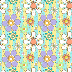 Retro 70s Seamless Floral Pattern on Pastel Striped Background