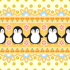 Cute Penguin and Flower Seamless Pattern Illustration