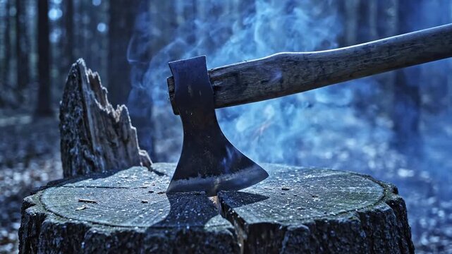 Axe resting on a tree stump with atmospheric smoke in a forest setting