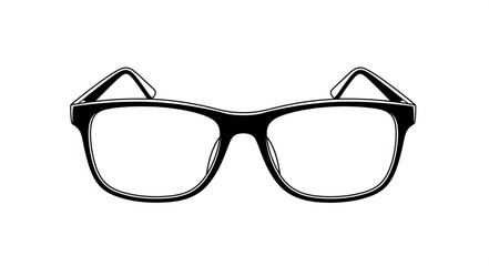 Black framed eyeglasses on a white background.