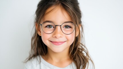 Obraz premium Smiling caucasian female child with glasses on white background.
