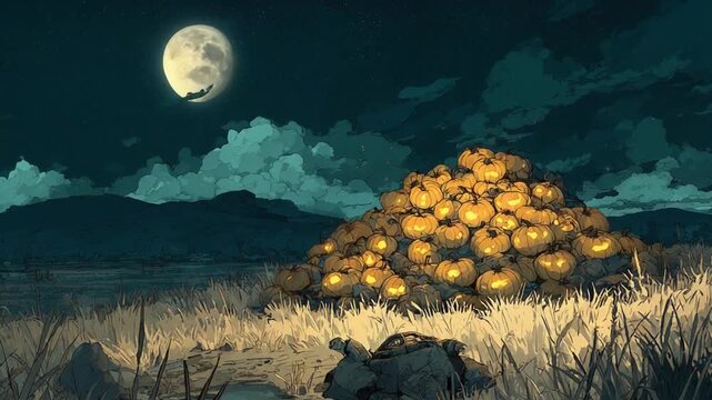 A mystical landscape at night, a grand pile of glowing pumpkins sit under a large moon, spooky atmosphere
