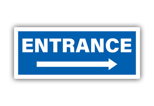 Blue entrance sign illustration with arrow pointing towards the right. Transparent background.