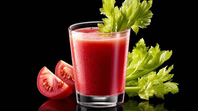 A refreshing, vibrant red juice in a glass, with fresh celery and tomato slices against black