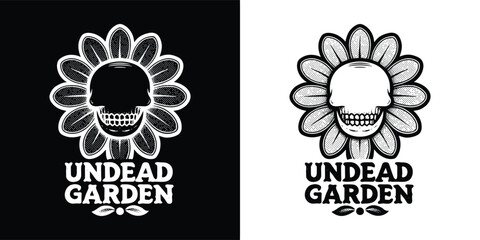 Fototapeta premium Graphic design featuring a macabre floral skull emblem labeled undead garden presented in both black and white contrast styles