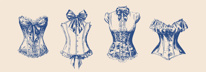 vintage rococo fashion illustrations, hand drawn engraving style, antique women's garments, corsets, blouses