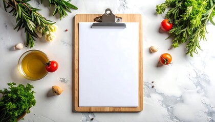 Blank Clipboard Surrounded by Fresh Ingredients and Herbs.