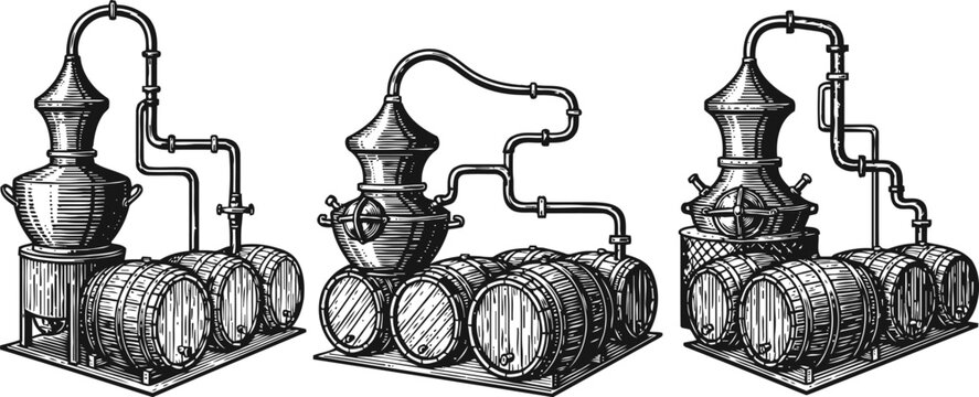 Vintage whiskey distillation equipment with wooden barrels in rustic illustration set