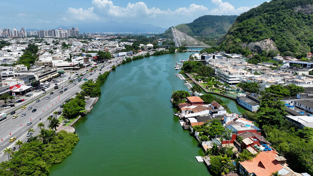 Scenic Lake In Barra Da Tijuca Rio De Janeiro Brazil. Aerial View Of A High(Rise Buildings And Traffic Showcasing Urban Life. Shore Horizon Beach Sea. Shore Seaside Tropical Environment.