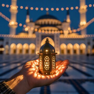 A hand holding a glowing lantern in front of a mosque at night. The mosque is decorated with fairy lights.