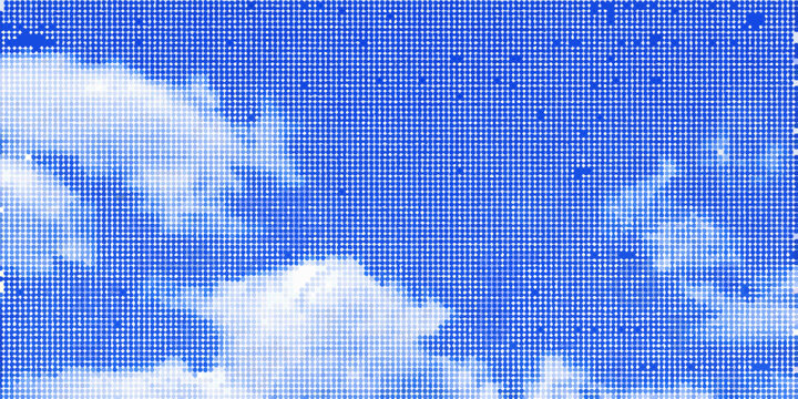 A pixelated blue sky with fluffy white clouds and scattered dark spots
