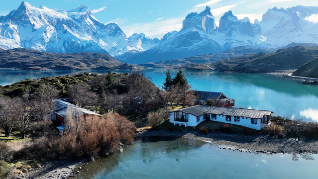 National Park In Torres Del Paine Puerto Natales Chile. Amazing Countryside Scenery Near Farm And Forest Trees. South Pole Lake Patagonia Landscape Snow Mountain.