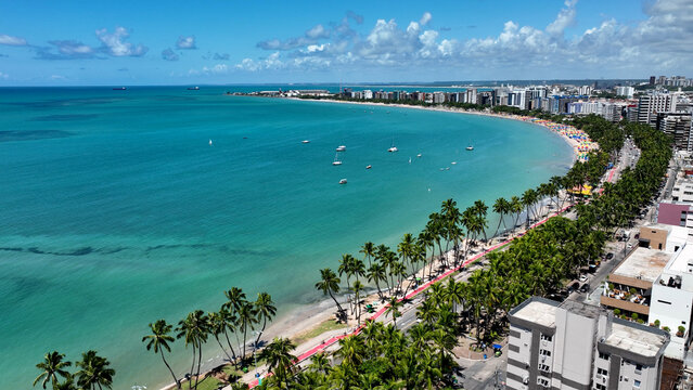 Pajucara Beach In Maceio Alagoas Brazil. Turquoise Ocean Waves Gently Crashing On Tropical Beach. Shore Sky Clouds Beach Sea. Seaside Panorama. Maceio Alagoas.