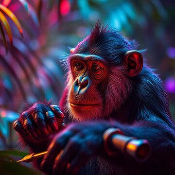 Primate forging a metallic symphony under neon hues, blurred jungle whispers,  making,  creative