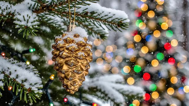 Snowy golden pinecone ornament hangs from a frosted evergreen branch
