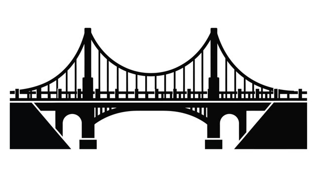 a striking black and white illustration depicting a suspension bridge silhouette