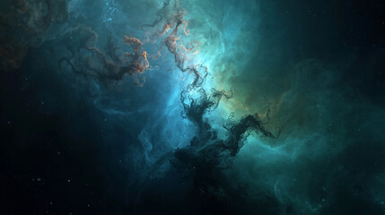 An oxygen-dominated nebula with iridescent clouds of gas and dust, where coherent emission bands of soft blue and green hues drift slightly due to quantum-level heating fluctuations