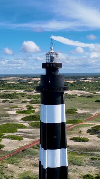 Famous Lighthouse At Touros Rio Grande Do Norte Brazil. Aerial View Of A Landmark Tall Lighthouse In A Coast Beach. Coast Clouds Sky Seaside Summertime. Coast Outside Beach Panning Wide.