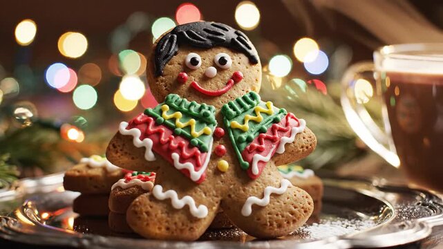 Gingerbread man with festive icing on silver tray, bokeh lights