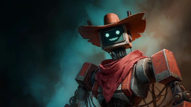 Cheerful cowboy robot with hat and scarf in rustic setting.