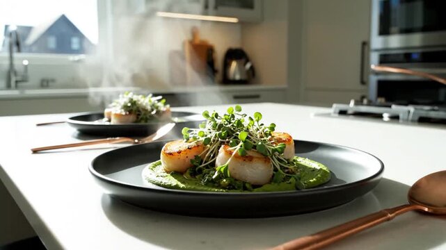 Gourmet Pan Seared Scallops With Green Puree And Microgreens Served In A Modern Kitchen Setting