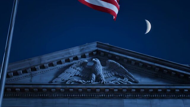 Waving flag flies under crescent moon. Flagpole stands beside classical building pediment. Night sky frames eagle sculpture on building roof. Patriotic symbol captures architecture and monument mood.