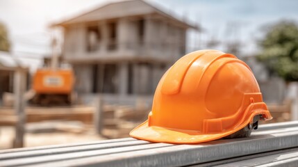 Bright Orange Hard Hat on Construction Site with Building Framework in the Background