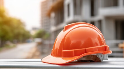 Orange Construction Hard Hat on Metal Rail at Worksite with Building in the Background