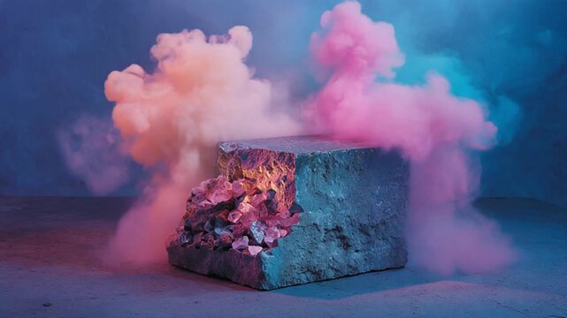 A stone cube with crystals and fiery light, enveloped by swirling, colorful smoke against a blue backdrop