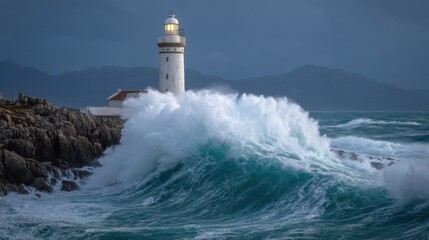 Stunning Lighthouse Amidst Turbulent Waves in Slanghoek, a Serene Coastal Scene at Dusk