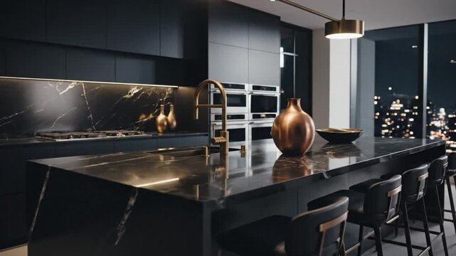 Luxurious Modern Black Marble Kitchen With City Views At Night