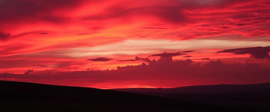 Fiery crimson sky bleeds into horizon, casting dramatic light on landscape,  fiery,  horizon