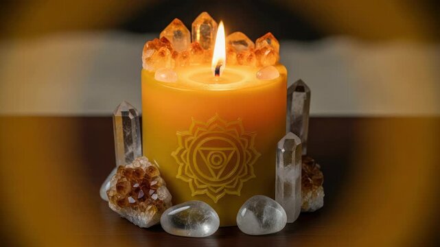 Glowing Yellow Chakra Candle Surrounded by Healing Crystals and Smooth Stones