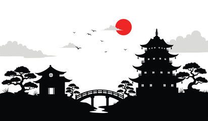 Fototapeta premium Black silhouette of Japanese pagoda temple bridge trees and red sun with birds vector art architecture